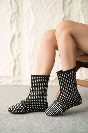 Kadın Geste Taşlı Düz Taban Bot - Siyah-Beyaz Taş