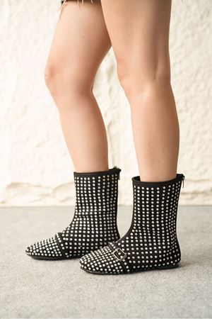 Kadın Geste Taşlı Düz Taban Bot - Siyah-Beyaz Taş