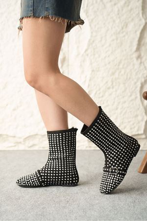 Kadın Geste Taşlı Düz Taban Bot - Siyah-Beyaz Taş