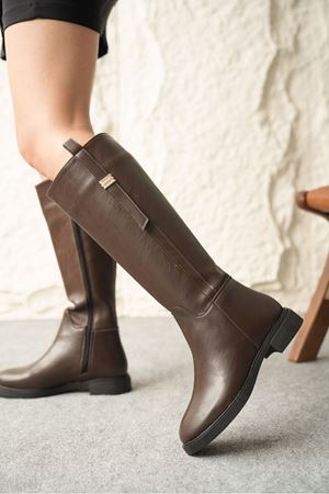 Kadın Gail Düz Tabanlı Tokalı Çizme - Kahve-Deri