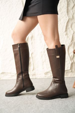Kadın Gail Düz Tabanlı Tokalı Çizme - Kahve-Deri