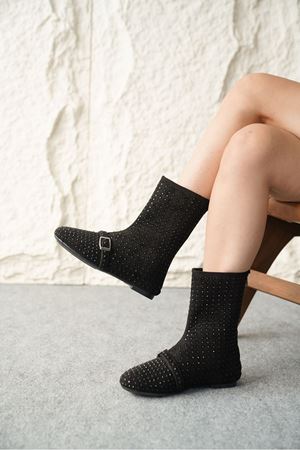 Kadın Geste Taşlı Düz Taban Bot - Siyah