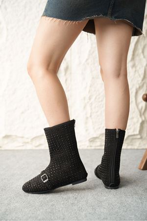 Kadın Geste Taşlı Düz Taban Bot - Siyah