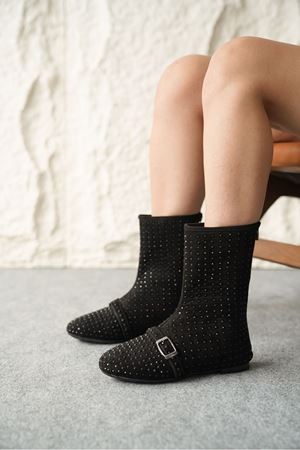 Kadın Geste Taşlı Düz Taban Bot - Siyah