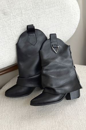 Kadın Silver Kovboy Geniş Konç Çizme - siyah-deri