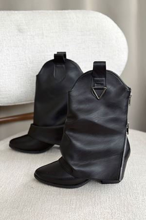 Kadın Silver Kovboy Geniş Konç Çizme - siyah-deri