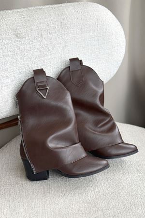 Kadın Silver Kovboy Geniş Konç Çizme - Kahve-Deri