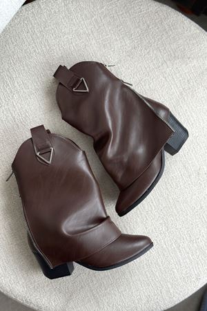 Kadın Silver Kovboy Geniş Konç Çizme - Kahve-Deri