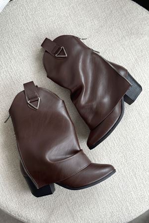 Kadın Silver Kovboy Geniş Konç Çizme - Kahve-Deri