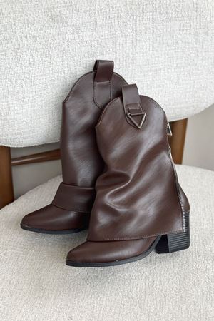 Kadın Silver Kovboy Geniş Konç Çizme - Kahve-Deri