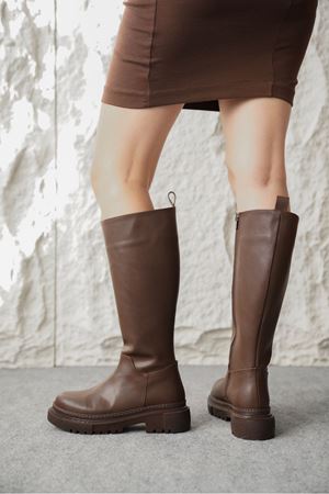 Kadın Kimber Kalın Taban Diz Altı Deri Çizme - Kahve-Deri