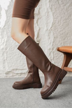 Kadın Kimber Kalın Taban Diz Altı Deri Çizme - Kahve-Deri
