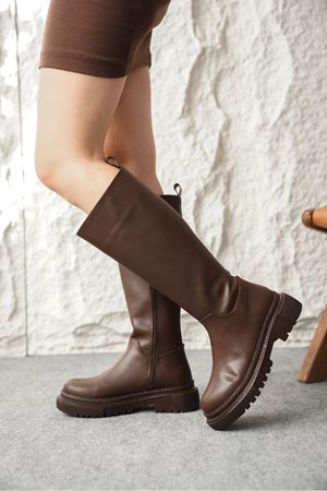Kadın Kimber Kalın Taban Diz Altı Deri Çizme - Kahve-Deri