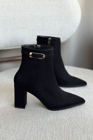 Kadın London Kalın Topuklu Tokalı Bot - Siyah Süet