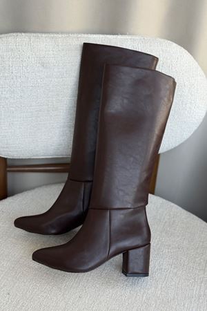 Kadın Akel Diz Altı Çekme Çizme - Kahve-Deri