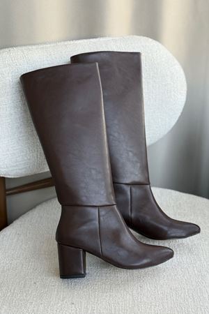 Kadın Akel Diz Altı Çekme Çizme - Kahve-Deri