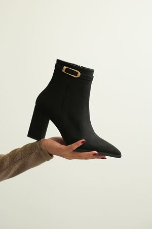 Kadın London Kalın Topuklu Tokalı Bot - Siyah Süet