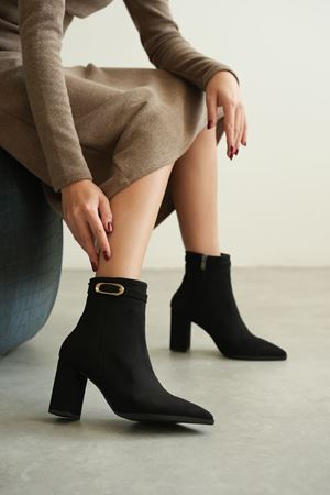 Kadın London Kalın Topuklu Tokalı Bot - Siyah Süet