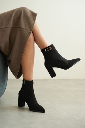 Kadın London Kalın Topuklu Tokalı Bot - Siyah Süet