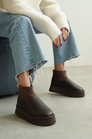 Kadın Royal Streç Kısa Bot - Kahve-Deri