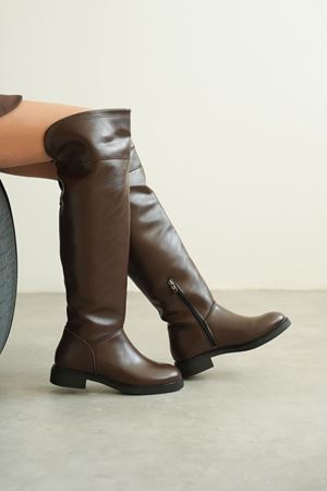 Kadın Goxi Düz Tabanlı Dizüstü Çizme - Kahve-Deri