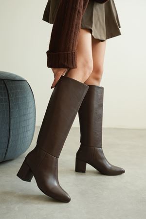 Kadın Akel Diz Altı Çekme Çizme - Kahve-Deri