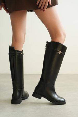 Kadın Nantes Düz Tabanlı Tokalı Çizme - siyah-rugan