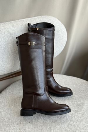 Kadın Nantes Düz Tabanlı Tokalı Çizme - Kahve-Rugan