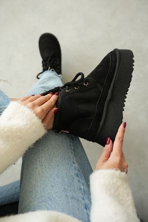 Kadın Pastor Kürklü Kısa Bot - Siyah Süet