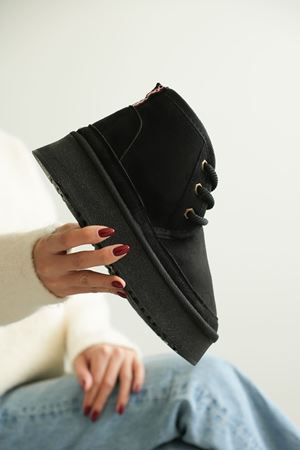 Kadın Pastor Kürklü Kısa Bot - Siyah Süet