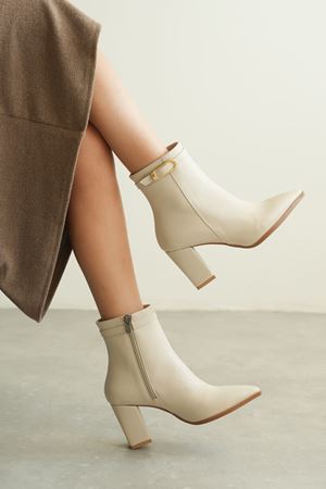 Kadın London Kalın Topuklu Tokalı Bot - Ten Deri