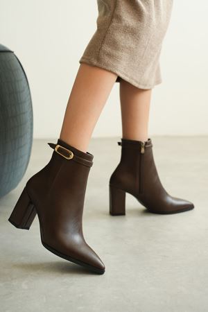 Kadın London Kalın Topuklu Tokalı Bot - Kahve