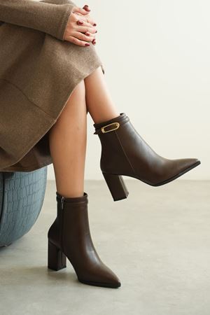 Kadın London Kalın Topuklu Tokalı Bot - Kahve