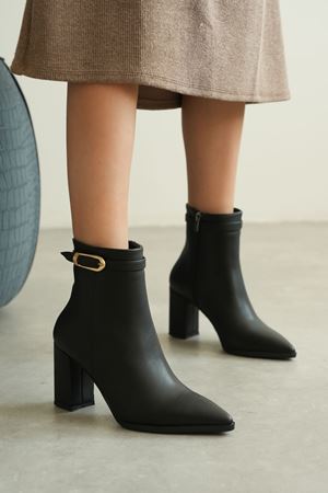 Kadın London Kalın Topuklu Tokalı Bot - siyah-deri