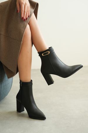 Kadın London Kalın Topuklu Tokalı Bot - siyah-deri