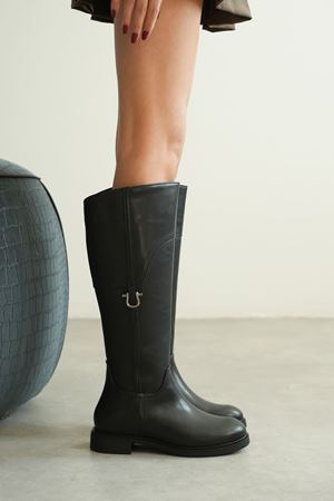 Kadın Date Düz Tabanlı Tokalı Çizme - siyah-deri