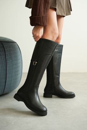 Kadın Date Düz Tabanlı Tokalı Çizme - siyah-deri