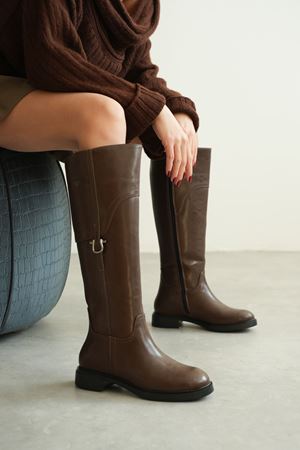 Kadın Date Düz Tabanlı Tokalı Çizme - Kahve