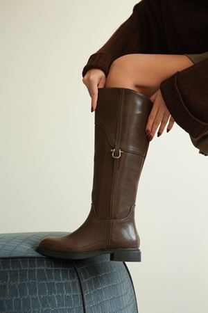 Kadın Date Düz Tabanlı Tokalı Çizme - Kahve