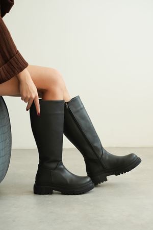 Kadın Kimber Kalın Taban Diz Altı Deri Çizme - Siyah