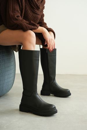 Kadın Kimber Kalın Taban Diz Altı Deri Çizme - Siyah