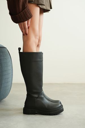 Kadın Kimber Kalın Taban Diz Altı Deri Çizme - Siyah