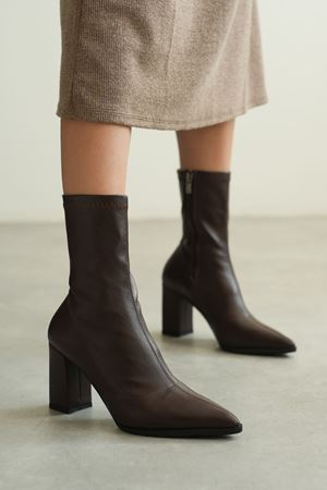 Kadın Enjoy Kalın Topuklu Streç Bot - Kahve-Deri