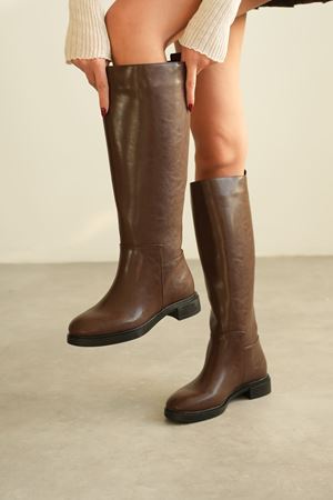Kadın Poter Düz Tabanlı Çizme - Kahve-Deri