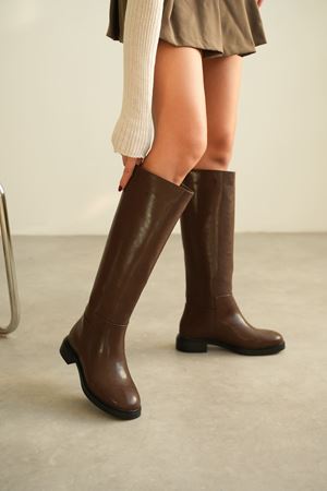 Kadın Poter Düz Tabanlı Çizme - Kahve-Deri