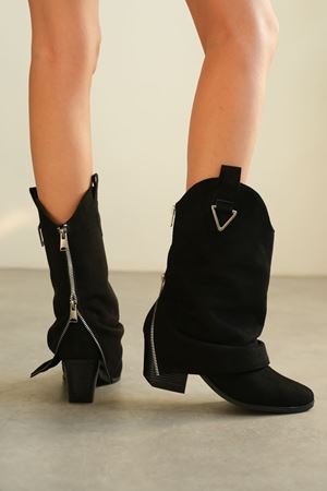 Kadın Silver Kovboy Geniş Konç Çizme - Siyah Süet