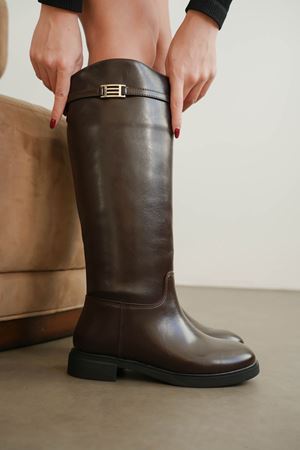 Kadın Nantes Düz Tabanlı Tokalı Çizme - Kahve-Rugan