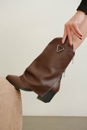 Kadın Silver Kovboy Geniş Konç Çizme - Kahve-Deri