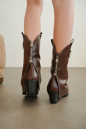 Kadın Silver Kovboy Geniş Konç Çizme - Kahve-Deri