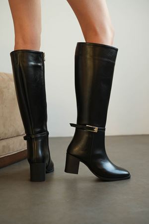 Kadın Luvec Kısa Topuklu Tokalı Çizme - siyah-deri